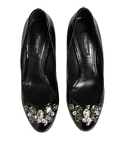 Dolce & Gabbana Black Leather Crystals Heels Pumps Shoes