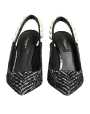 Dolce & Gabbana White Black Chevron Faux Pearl Slingbacks Shoes