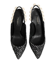 Dolce & Gabbana White Black Chevron Faux Pearl Slingbacks Shoes