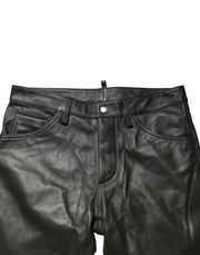 Dsquared² Black Full Grain Leather Mid Waist Trouser Pants