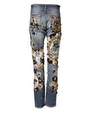 Dolce & Gabbana Blue Ripped Embellished Cotton Denim Jeans