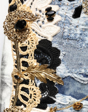 Dolce & Gabbana Blue Ripped Embellished Cotton Denim Jeans