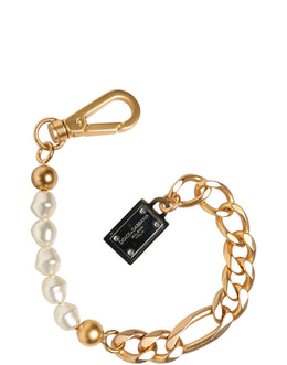 Dolce & Gabbana Gold Tone Brass Faux Pearl Logo Embellish Charm Bracelet