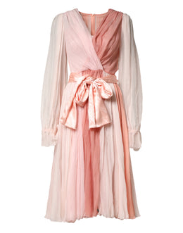 Dolce & Gabbana Pink Silk Tulle Long Sleeve V-neck Dress