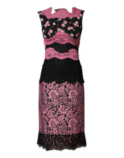 Dolce & Gabbana Black Pink Floral Lace Silk Sheath Dress