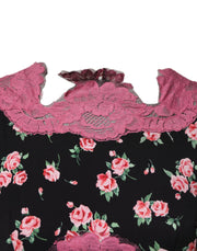 Dolce & Gabbana Black Pink Floral Lace Silk Sheath Dress