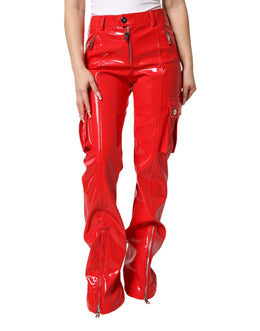 Dolce & Gabbana Red Glossy Polyester Cargo Boot Cut Pants