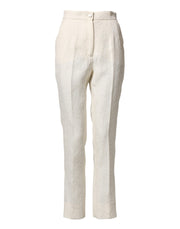 Dolce & Gabbana White Cotton Floral Brocade Dress Pants