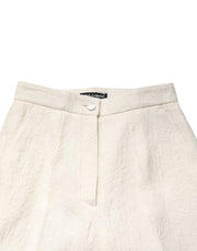 Dolce & Gabbana White Cotton Floral Brocade Dress Pants