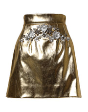 Dolce & Gabbana Gold Acetate Crystal High Waist Mini Skirt