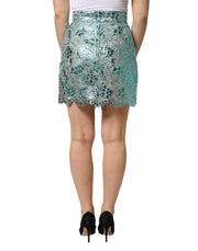 Dolce & Gabbana Blue Floral Brocade High Waist Mini Skirt