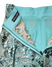 Dolce & Gabbana Blue Floral Brocade High Waist Mini Skirt