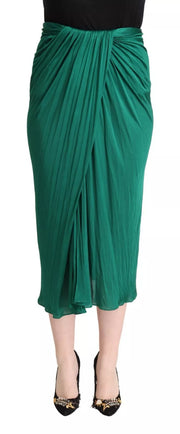 Dolce & Gabbana Dark Green High Waist Midi Skirt Pencil Cut Pleated