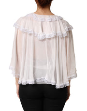 Dolce & Gabbana White Ruffles Lace Long Sleeve Blouse Top