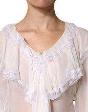 Dolce & Gabbana White Ruffles Lace Long Sleeve Blouse Top