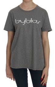 BYBLOS Cotton Grey Short Sleeve Round Neck Top T-shirt Blouse