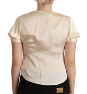 L'Autre Chose Blouse Off White Silk Short Sleeves V-neck Top