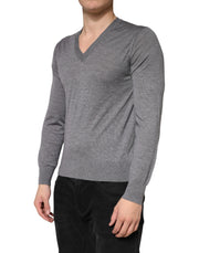 Dolce & Gabbana Gray Cashmere V-Neck Men Pullover Sweater