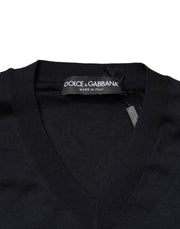 Dolce & Gabbana Black Cashmere V-Neck Men Pullover Sweater