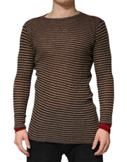 Daniele Alessandrini Brown Black Stripes Wool Crew Neck Pullover Sweater