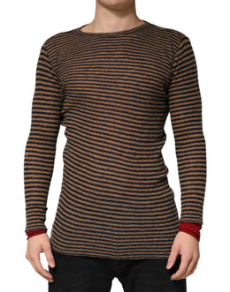 Daniele Alessandrini Brown Black Stripes Wool Crew Neck Pullover Sweater