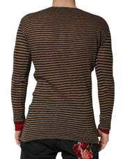 Daniele Alessandrini Brown Black Stripes Wool Crew Neck Pullover Sweater