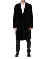 Dolce & Gabbana Black Cotton Velvet Long Trench Coat Jacket