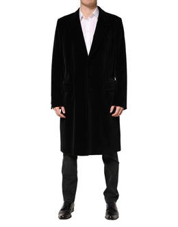 Dolce & Gabbana Black Cotton Velvet Long Trench Coat Jacket